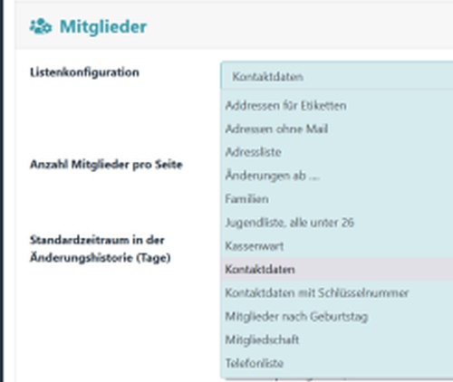 angebotene Listen bei der Konfiguration des Module Mitglieder